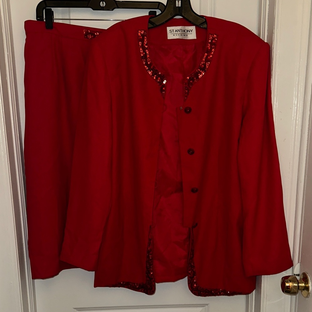 St. Anthony Evening Red Sequin-Trim Jacket and skirt